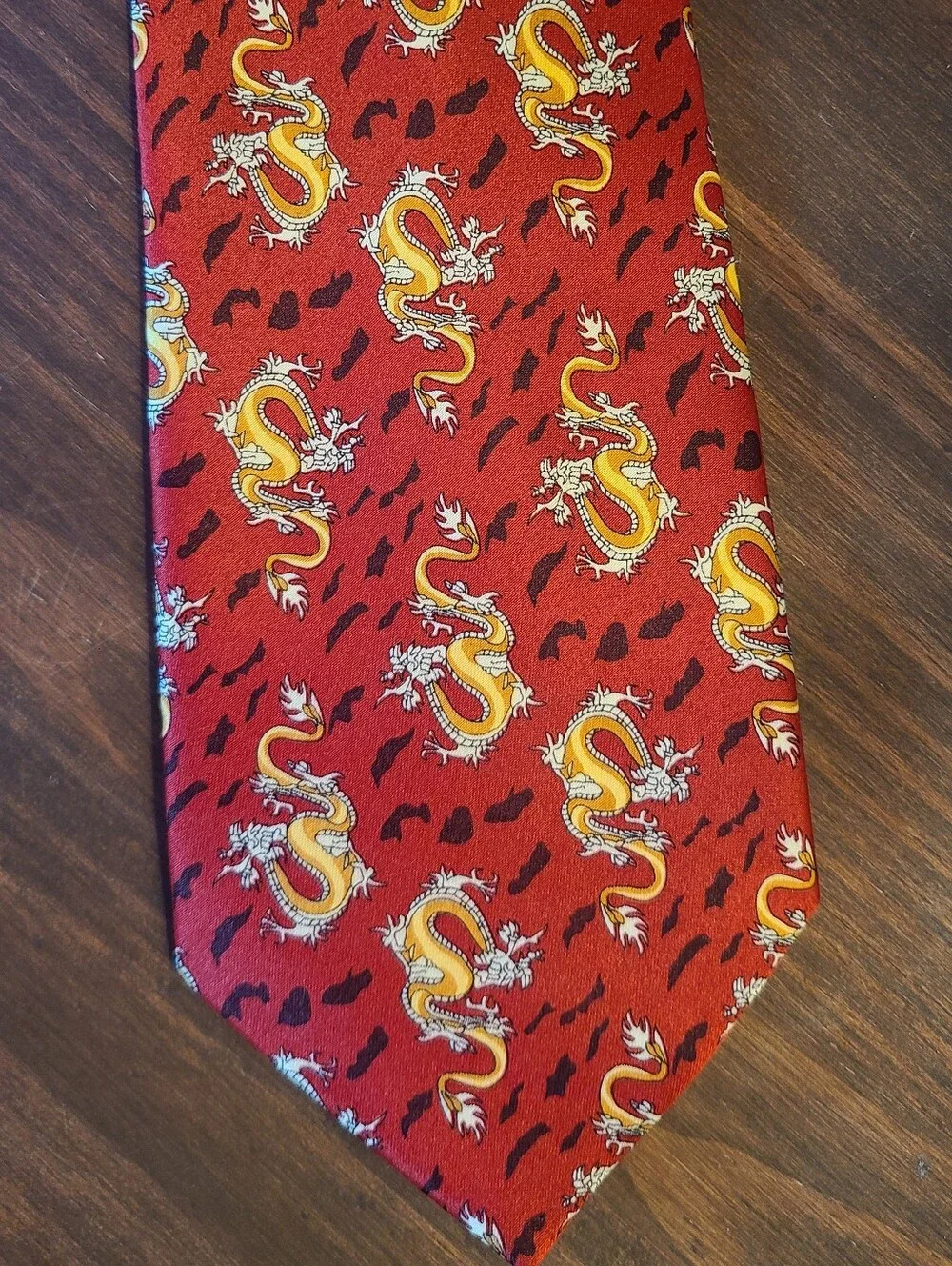 Kai Long Silk Red Dragon Print Men's Tie